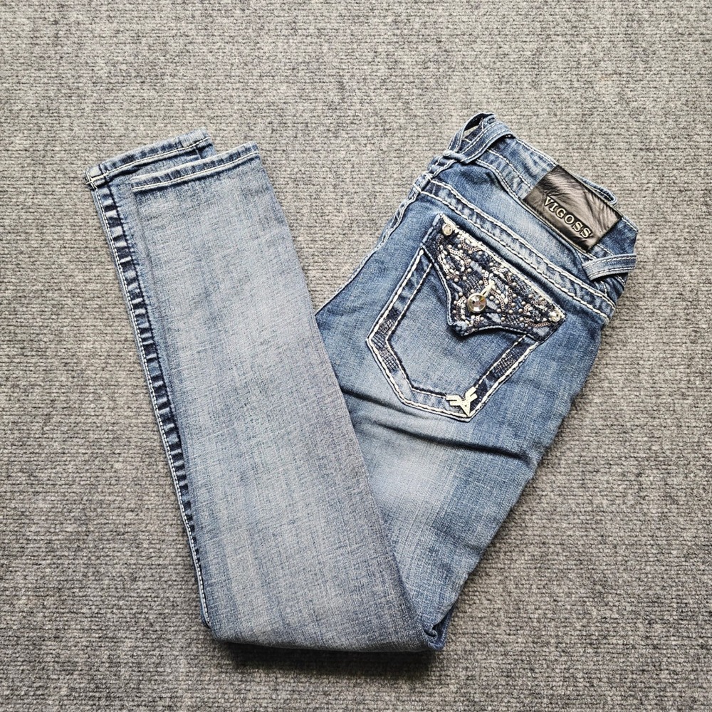 Vigoss The Dallas Super Skinny Jeans Medium Wash Embellished Pockets Size 26x29